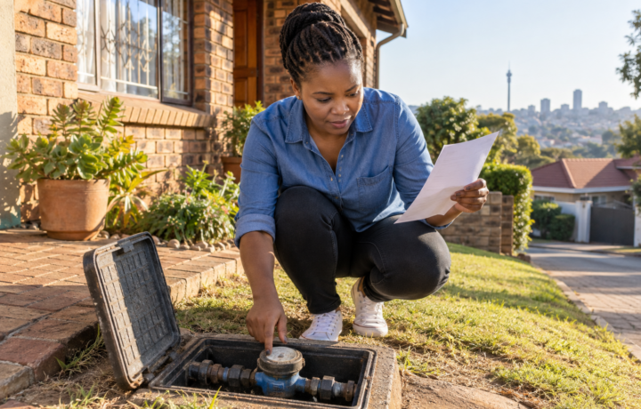 Resident checking an estimated water bill in Johannesburg against an outdoor water meter.