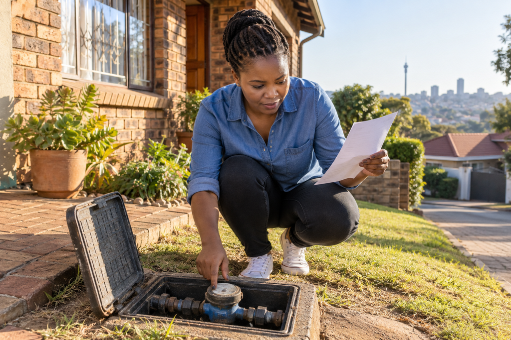 Resident checking an estimated water bill in Johannesburg against an outdoor water meter.