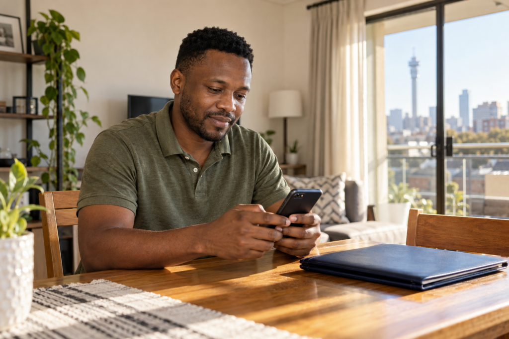 man using a smartphone beside a document folder, illustrating a guide to getting a SARS tax number on WhatsApp.