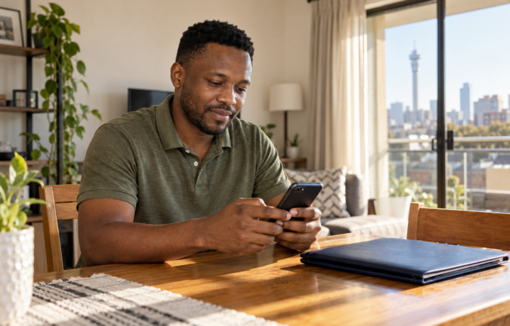 man using a smartphone beside a document folder, illustrating a guide to getting a SARS tax number on WhatsApp.