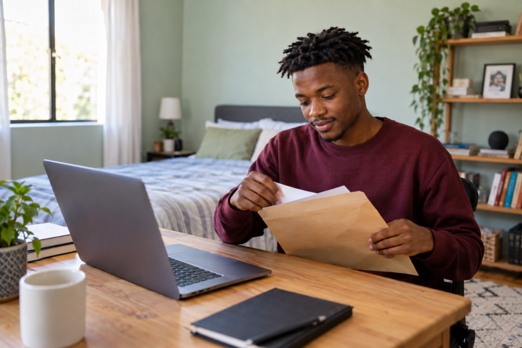 Man organising paperwork beside a laptop, illustrating a guide to getting a tax number while unemployed.