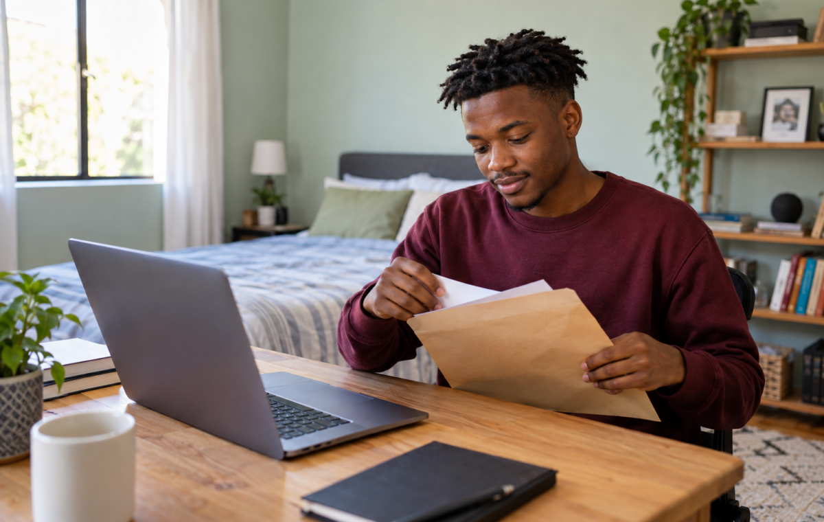 Man organising paperwork beside a laptop, illustrating a guide to getting a tax number while unemployed.