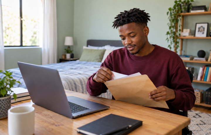 Man organising paperwork beside a laptop, illustrating a guide to getting a tax number while unemployed.