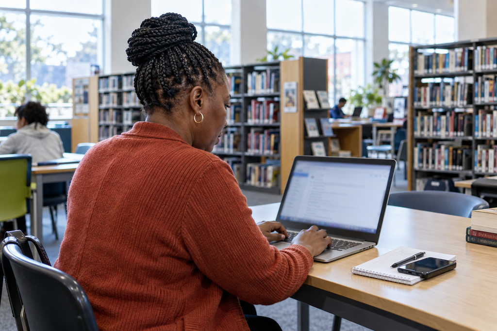 Woman using a laptop at a community library with a smartphone beside her notebook.