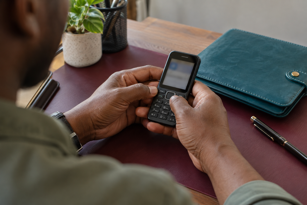 Close-up of hands using a keypad mobile phone beside a teal document wallet.