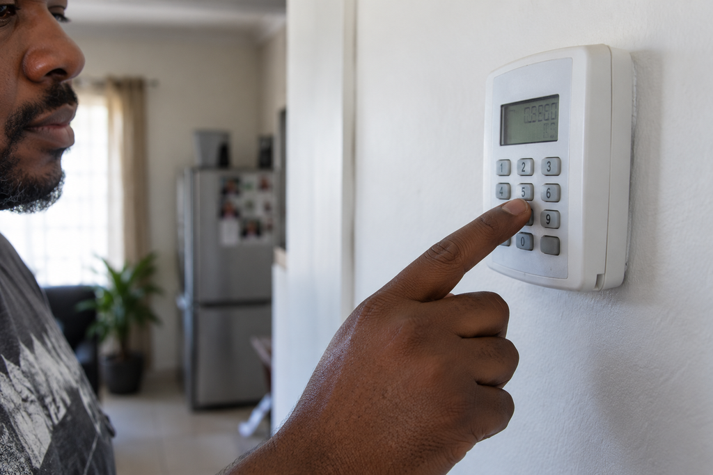 Close-up of a resident pressing a button on a wall-mounted prepaid electricity keypad.