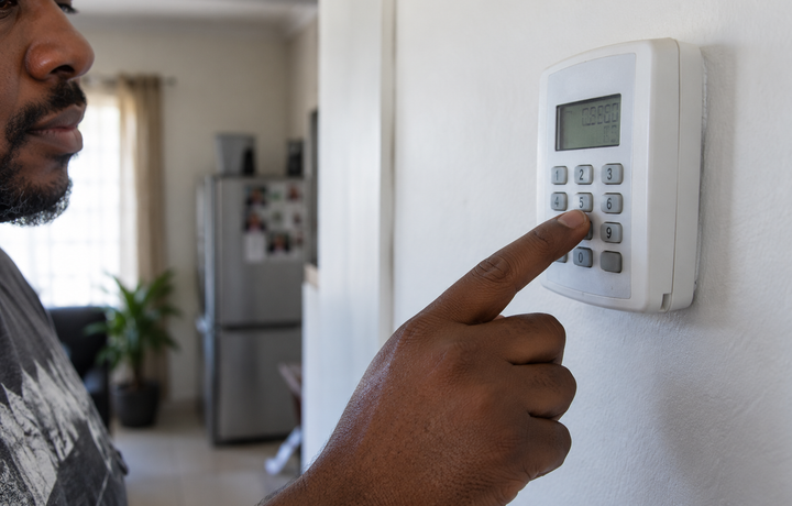 Close-up of a resident pressing a button on a wall-mounted prepaid electricity keypad.