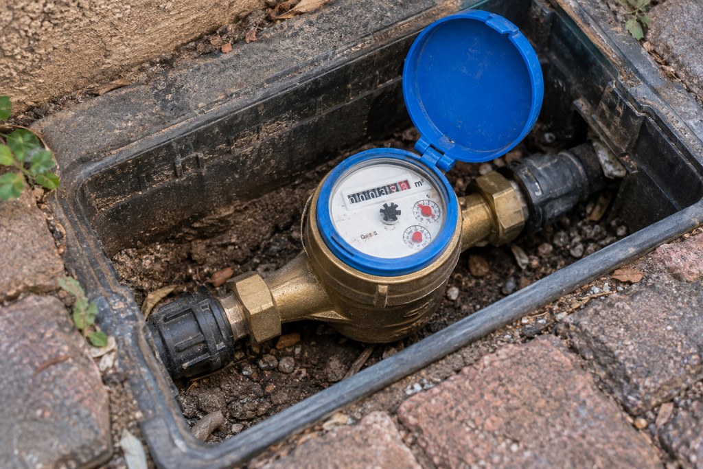 Close-up of a residential water meter with its blue lid open inside an outdoor meter box.