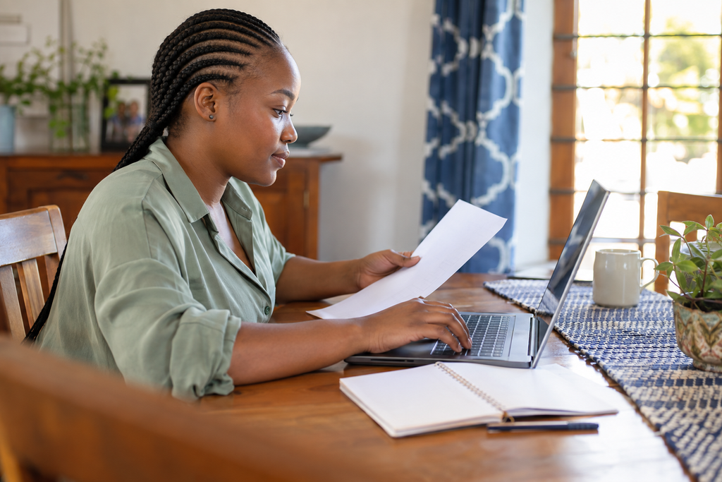 Woman using a laptop while holding a paper document at a dining table.