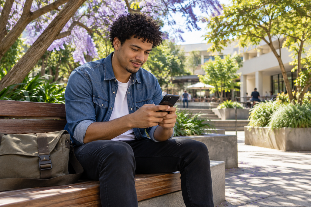 Man checking a smartphone while sitting on a wooden bench in a leafy courtyard.