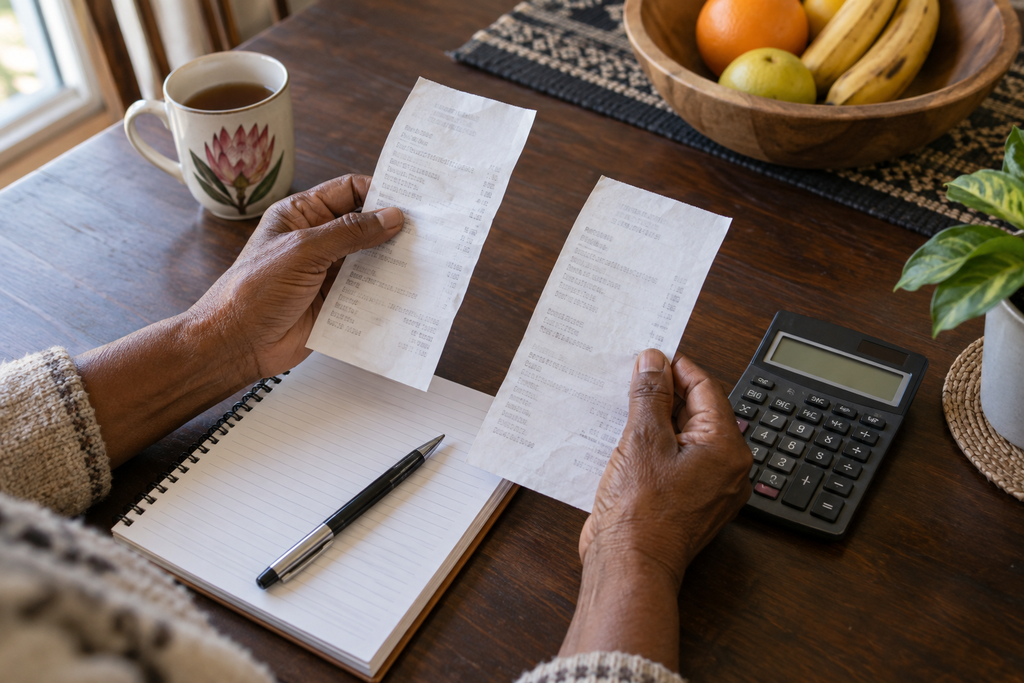 Hands comparing two purchase receipts beside a calculator and notebook on a wooden table.