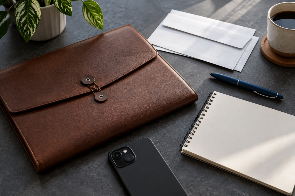 Brown document wallet beside envelopes, a notebook, pen and smartphone on a grey desk.3