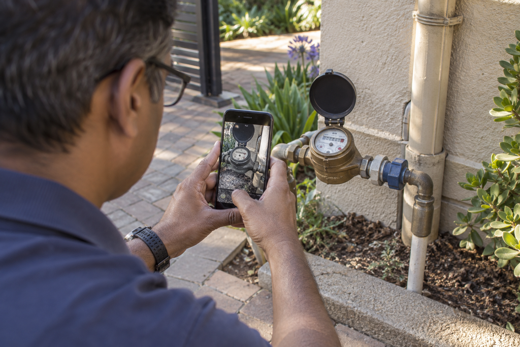 Alt text: Resident using a smartphone to photograph an outdoor water meter.