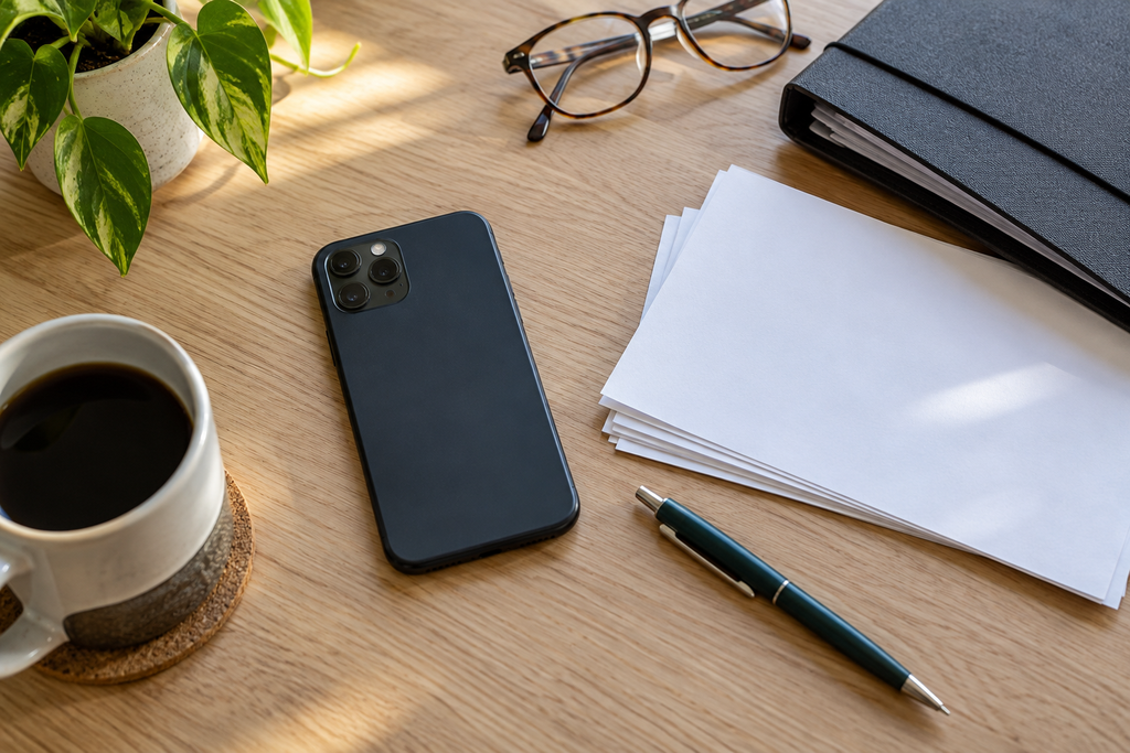 Smartphone beside papers, a dark folder, glasses and a pen on a wooden desk.