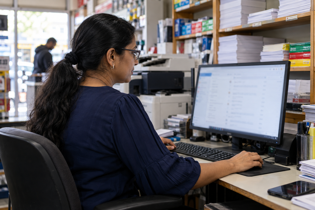 Woman using a desktop computer beside printers and paper shelves in a copy shop.