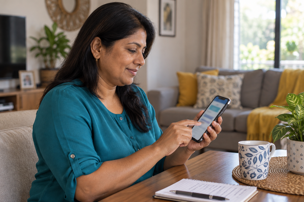 Woman using a smartphone while seated at a table with a notebook