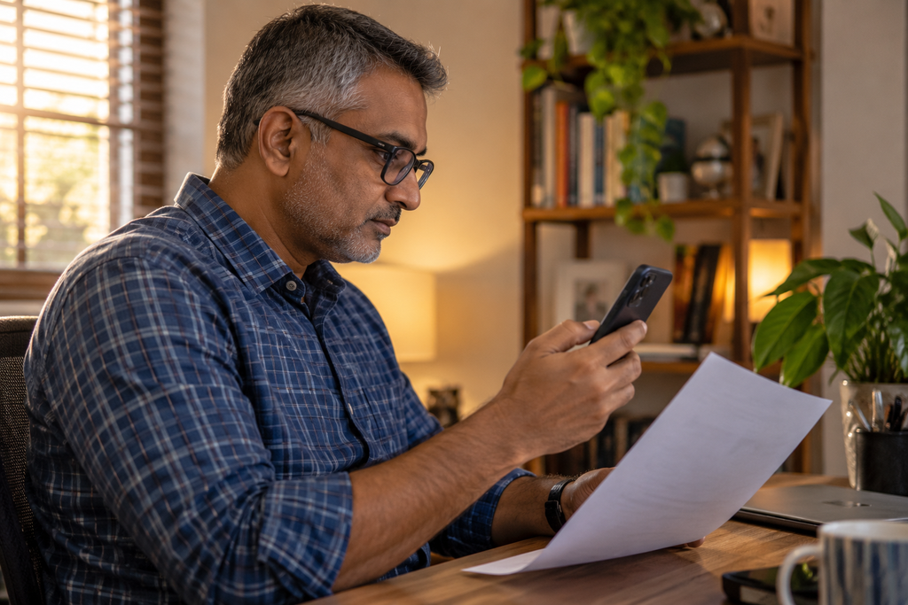 Man wearing glasses looking at a smartphone while holding a paper document in a home office.