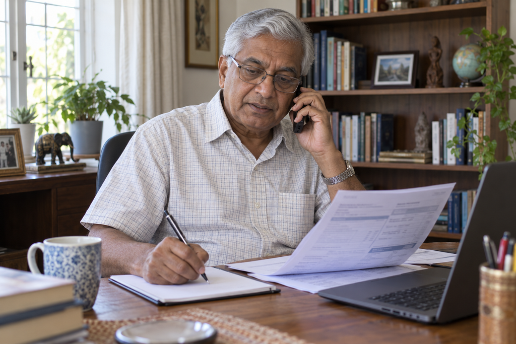 Man making a phone call while reviewing a statement and writing notes at a desk.
