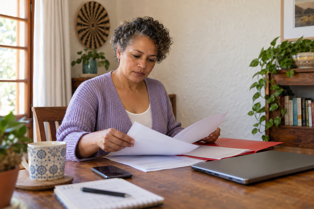 Woman sorting paperwork into a red folder beside a closed laptop and smartphone.