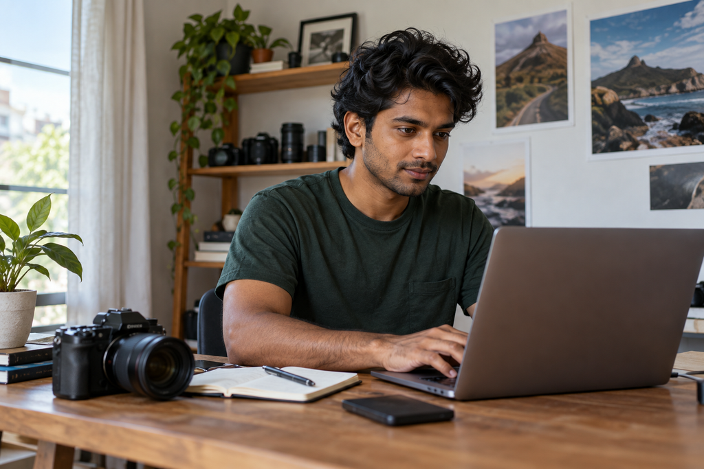 Man working on a laptop with a camera and open notebook on his desk.