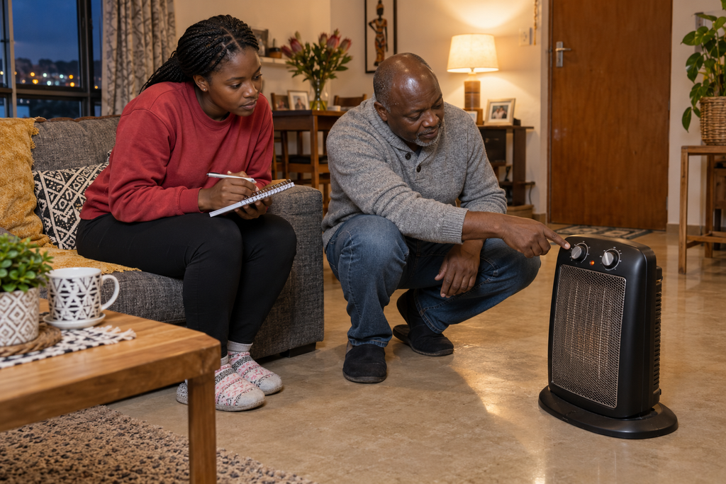 Man checking a portable electric heater while a woman records notes beside him.