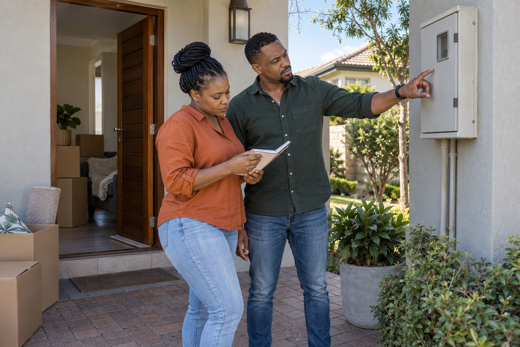 Couple checking a closed electricity meter enclosure beside a home entrance, with moving boxes nearby.
