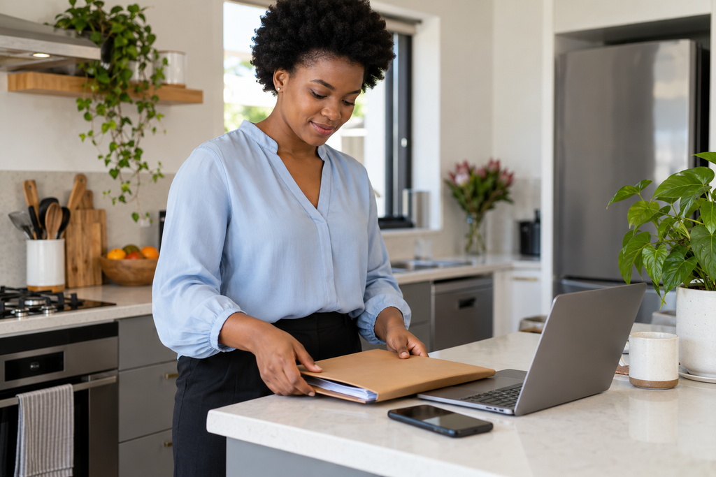 Woman organising a tan document folder beside a laptop and smartphone on a kitchen counter.