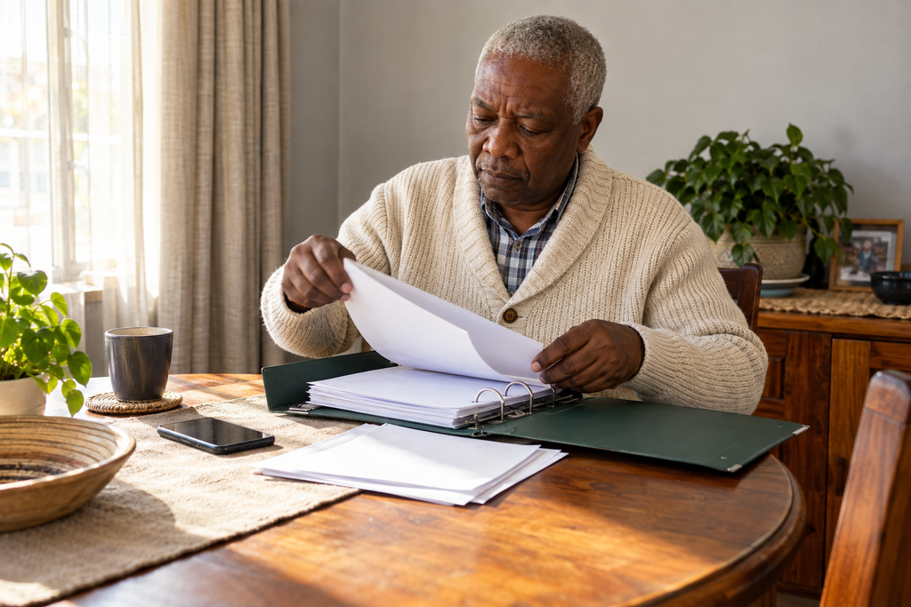 Older man organising papers in a green ring binder at a dining table.