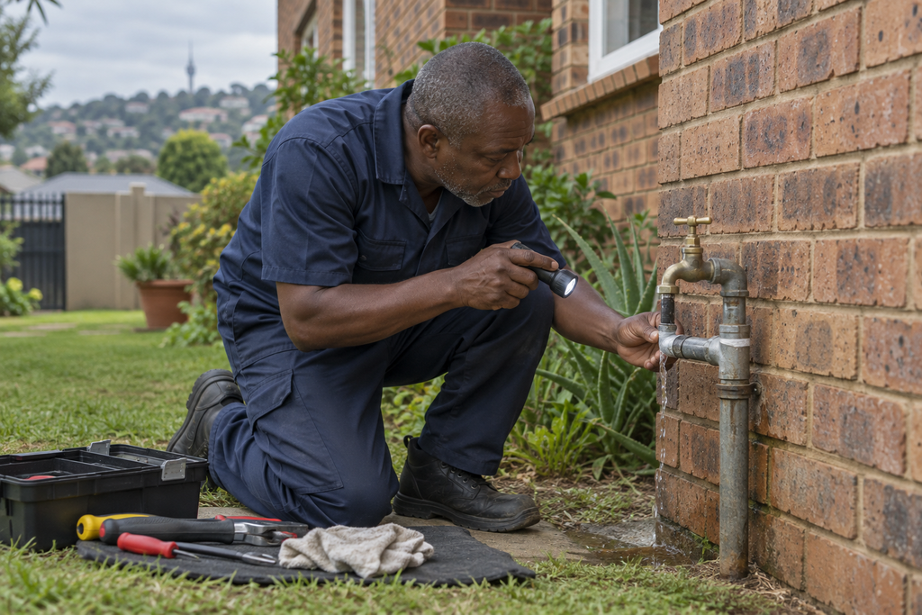Plumber using a torch to inspect leaking outdoor pipework beside a brick house.